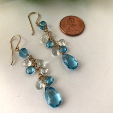 Load image into Gallery viewer, Long Swiss Blue Topaz Dangle Earrings in 14K Gold Fill
