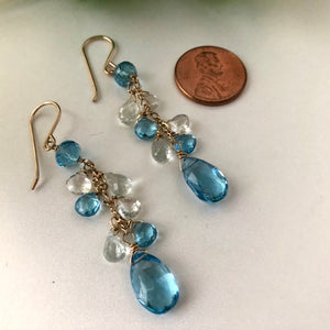 Long Swiss Blue Topaz Dangle Earrings in 14K Gold Fill