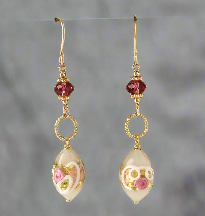 Long Dangle, White Murano Glass Wedding Cake Earrings in 14K Gold Fill