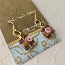 Load image into Gallery viewer, Square Copper and Pink Venetian Glass Earrings in 14K Gold Fill
