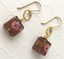 Load image into Gallery viewer, Square Copper and Pink Venetian Glass Earrings in 14K Gold Fill
