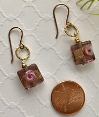 Square Copper and Pink Venetian Glass Earrings in 14K Gold Fill