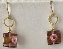 Load image into Gallery viewer, Square Copper and Pink Venetian Glass Earrings in 14K Gold Fill
