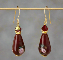 Load image into Gallery viewer, Czech Maroon Lampwork Drop Earrings with Swarovski Crystals in 14K Gold Fill
