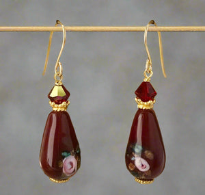 Czech Maroon Lampwork Drop Earrings with Swarovski Crystals in 14K Gold Fill