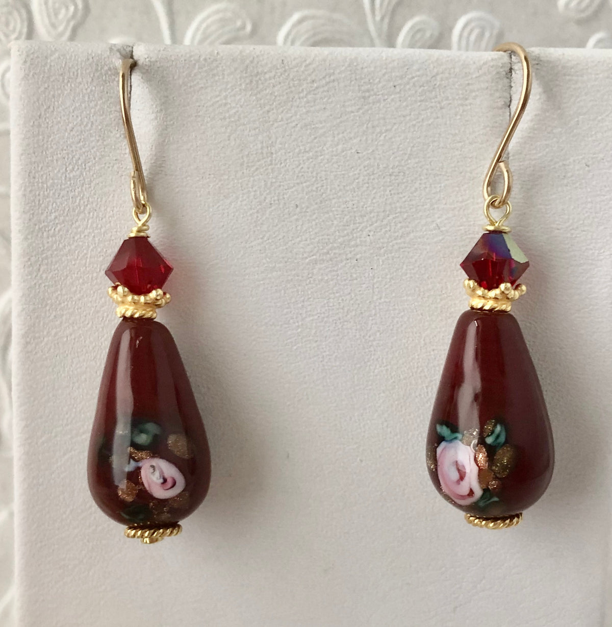 Czech Maroon Lampwork Drop Earrings with Swarovski Crystals in 14K Gold Fill