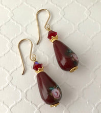 Load image into Gallery viewer, Czech Maroon Lampwork Drop Earrings with Swarovski Crystals in 14K Gold Fill
