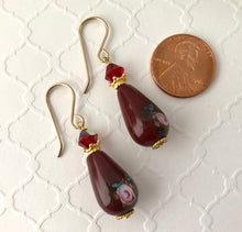 Load image into Gallery viewer, Czech Maroon Lampwork Drop Earrings with Swarovski Crystals in 14K Gold Fill
