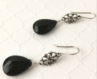 Black Agate Dangle Earrings in Sterling Silver