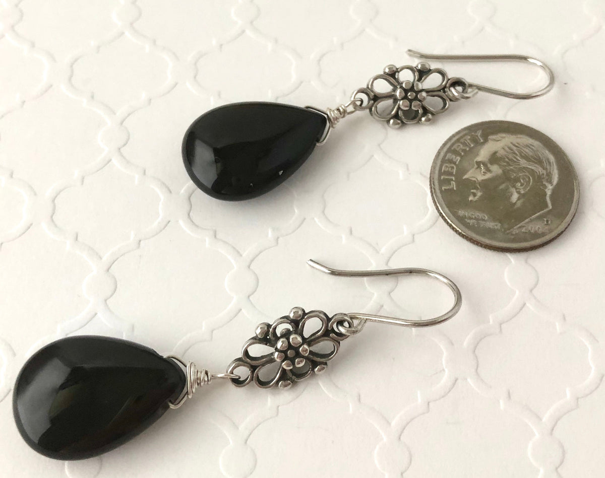 Black Agate Dangle Earrings in Sterling Silver