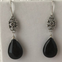 Black Agate Dangle Earrings in Sterling Silver