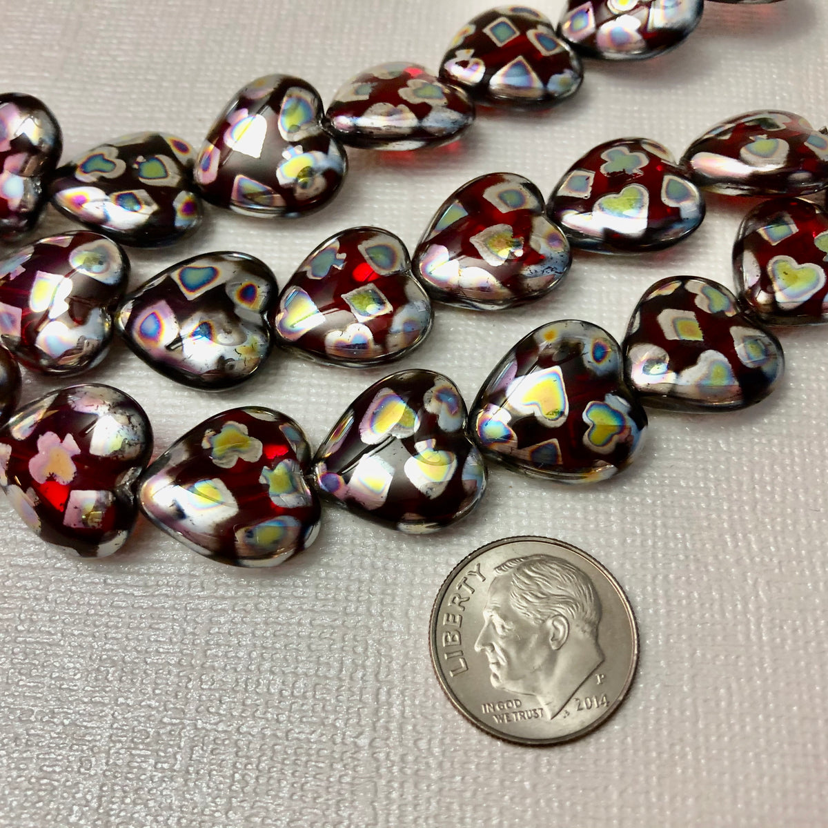 Red Puffed Glass Heart Rainbow Beads, Czech 15MM