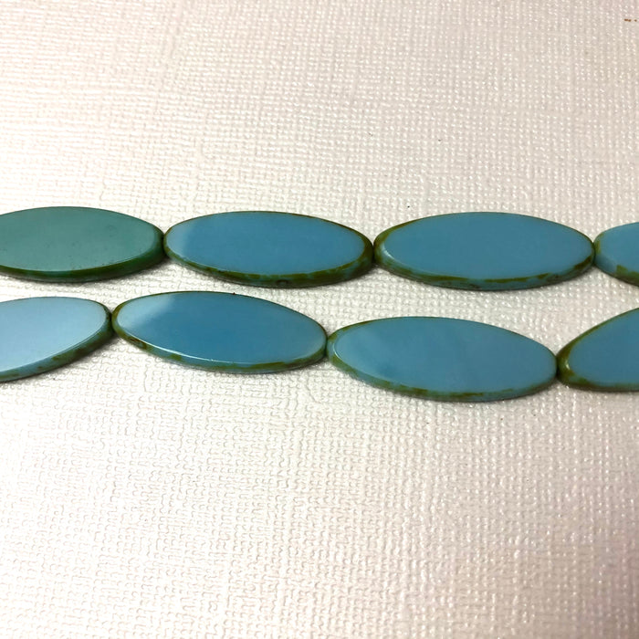 Light Blue Long Oval Beads, Czech Glass 30MM