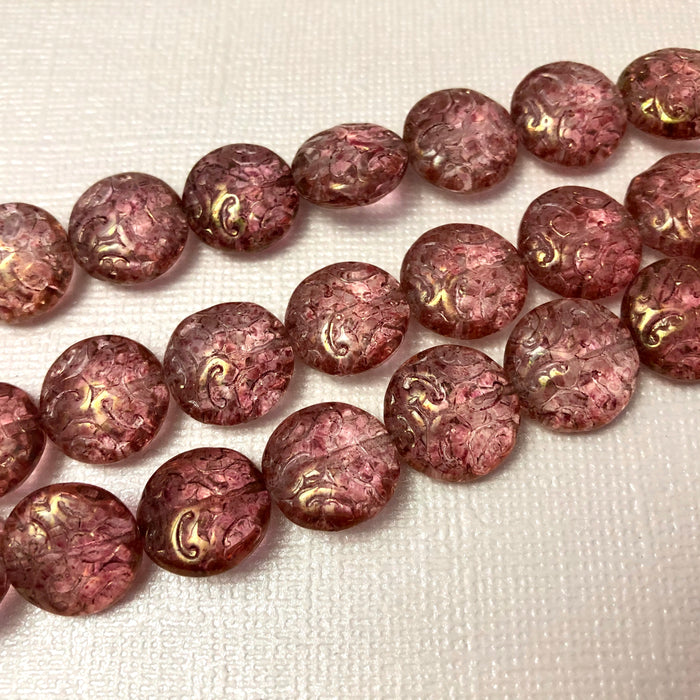 Peach & Gold Coin Czech Glass Beads, 12MM