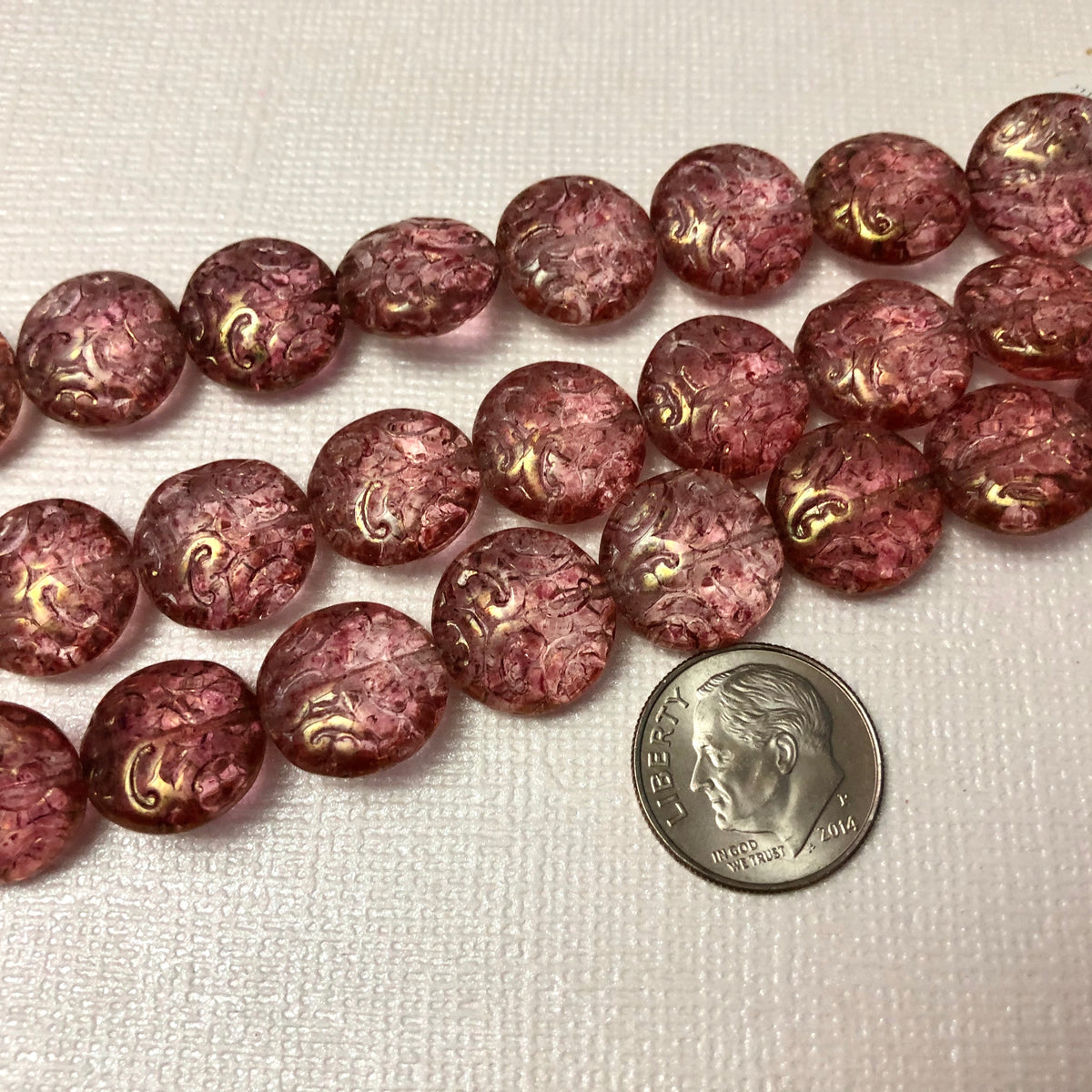 Peach & Gold Coin Czech Glass Beads, 12MM