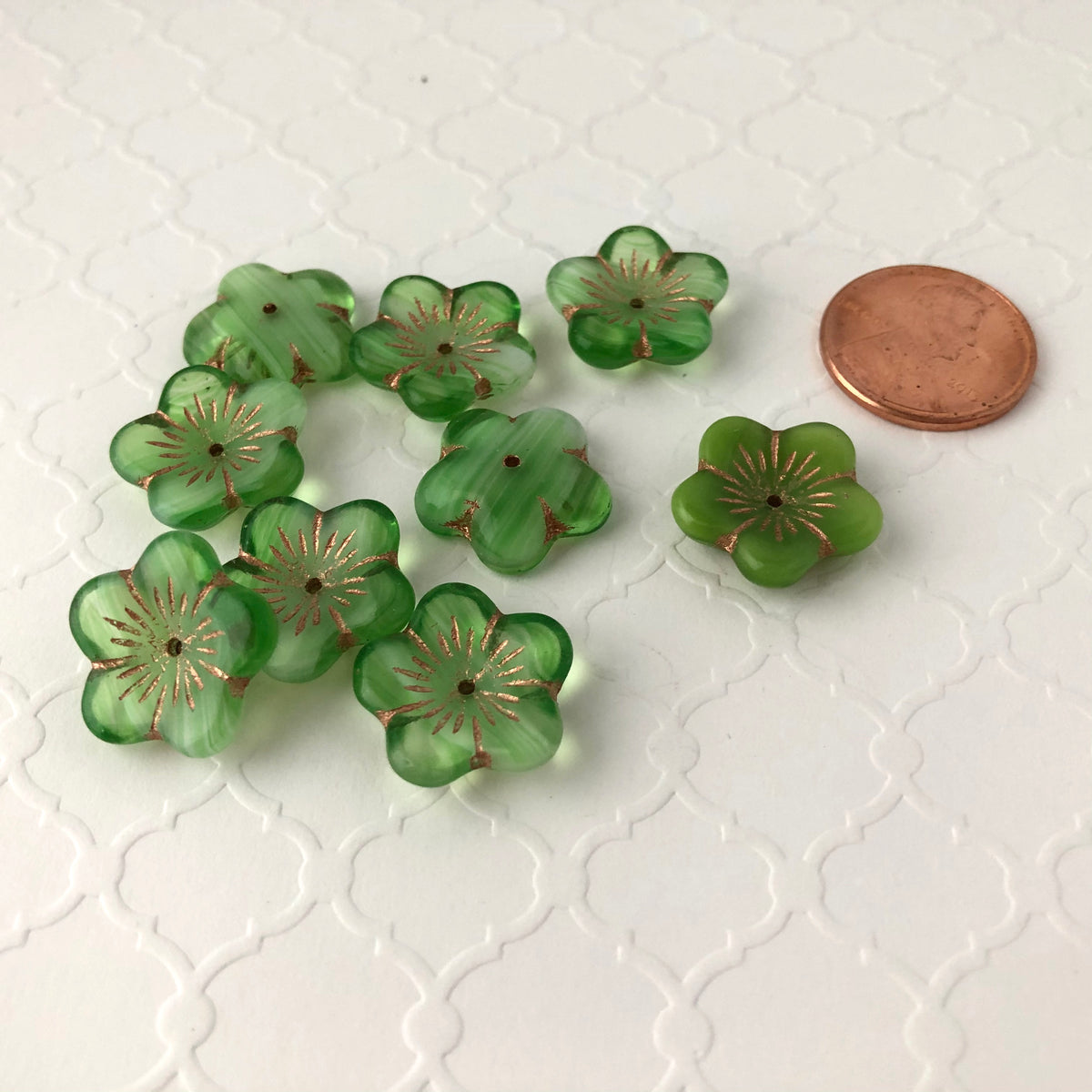 Green Puffed Hibiscus Flower Beads, Czech 16MM