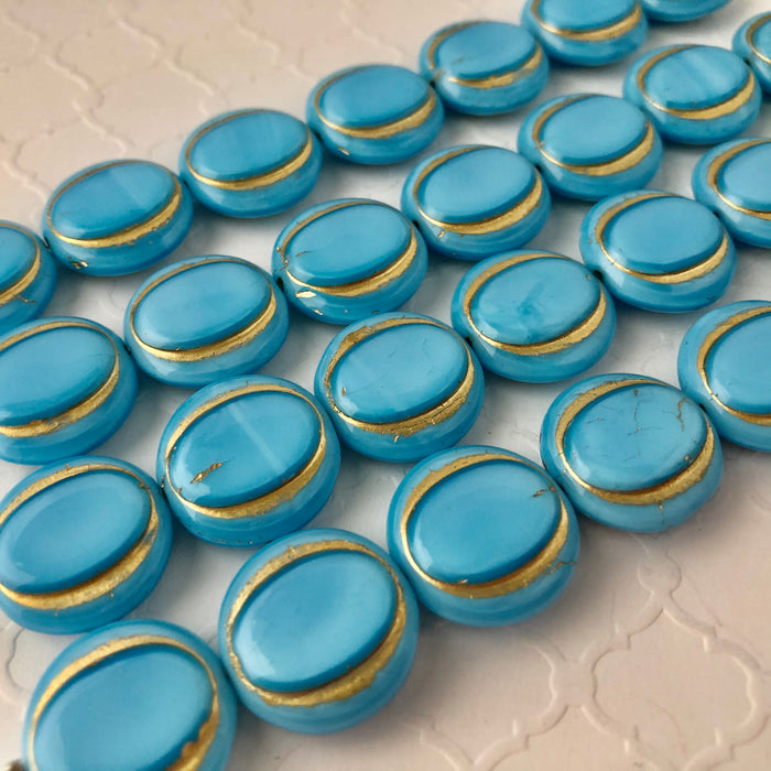 Turquoise / Gold Eskooko Coin Beads, Czech 16MM