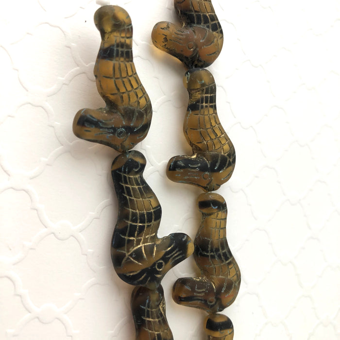 Czech Glass Sea Horse Beads, Amber and Black, 28MM