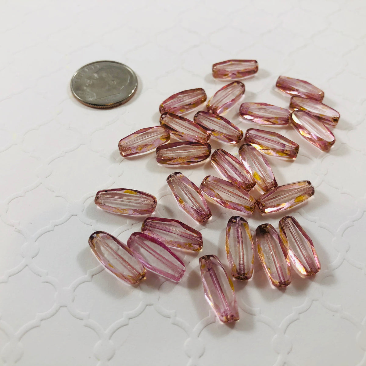 Pink Oblong Stained Glass Bead, Czech 14MM