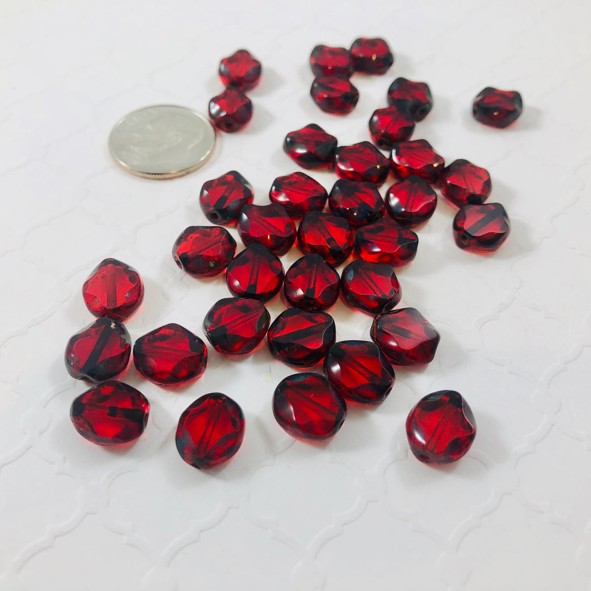 Red, Flat Oval Stained Glass Bead, Czech 10MM