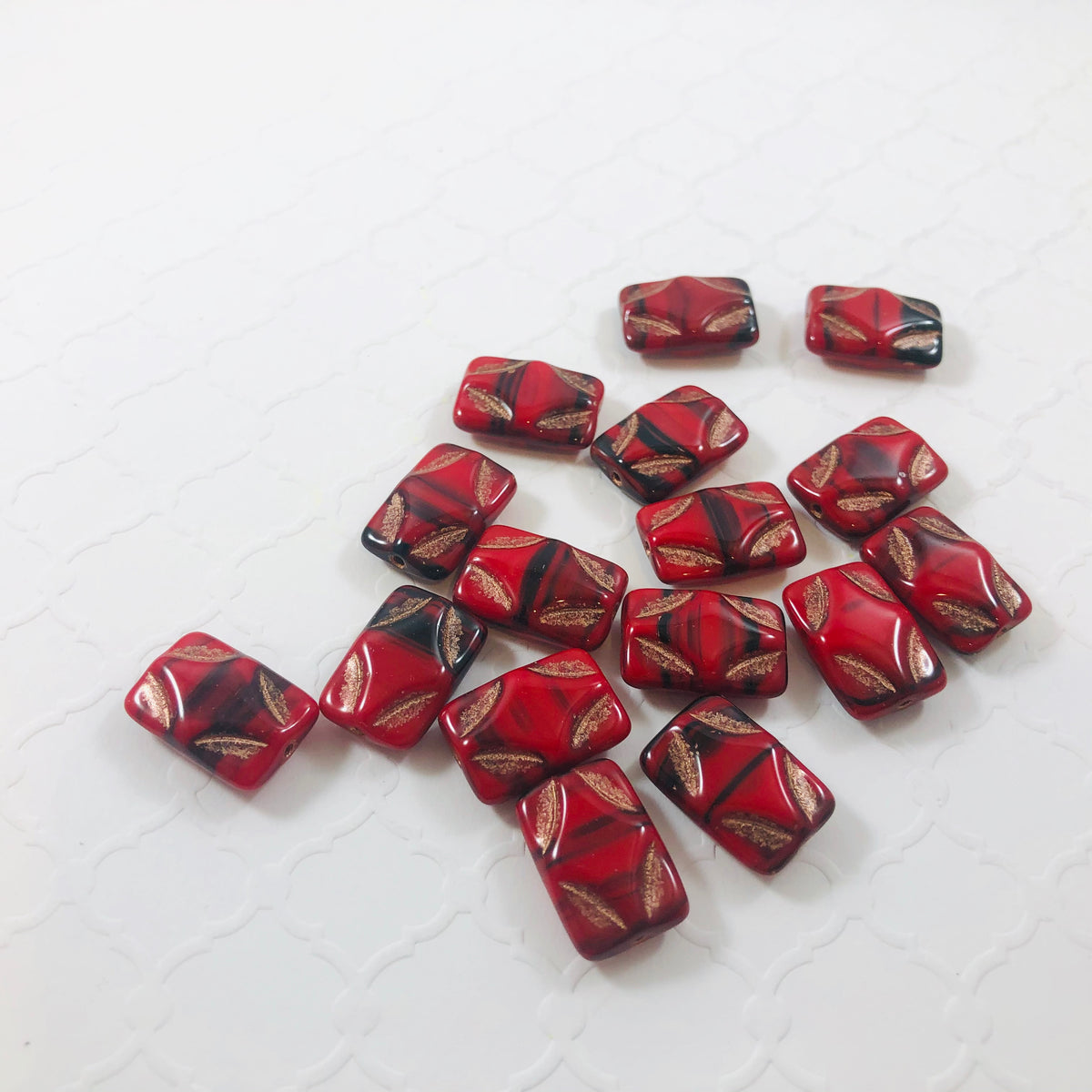 Red and Black Picasso Rectangle Glass Beads, 15MM