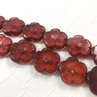 Etched Cranberry Red Glass Flower Bead, Czech 25MM