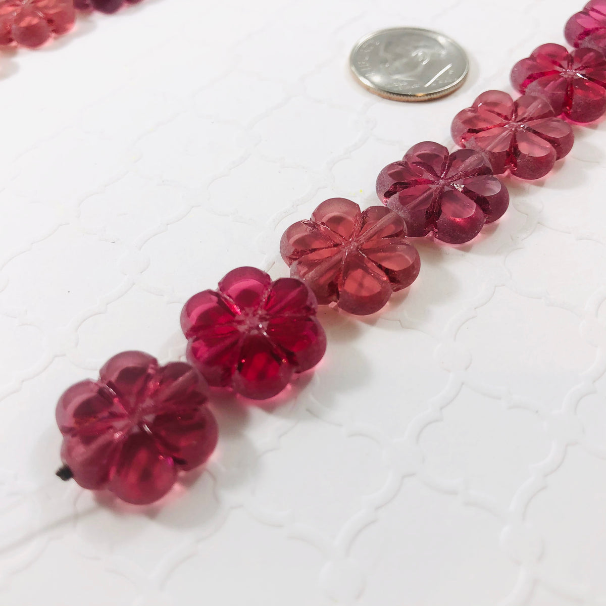 Etched Cranberry Glass Flower Bead, Czech 16MM