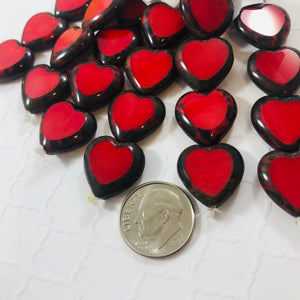 Solid Red Heart Table Cut Window Beads, Czech 14MM