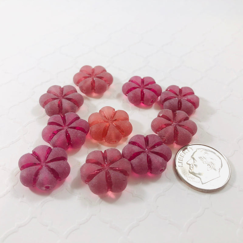 Etched Cranberry Glass Puffed Flower Beads, Czech 15MM