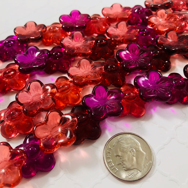 Fuchsia and Orange Glass Hibiscus Flowers, Czech 15MM