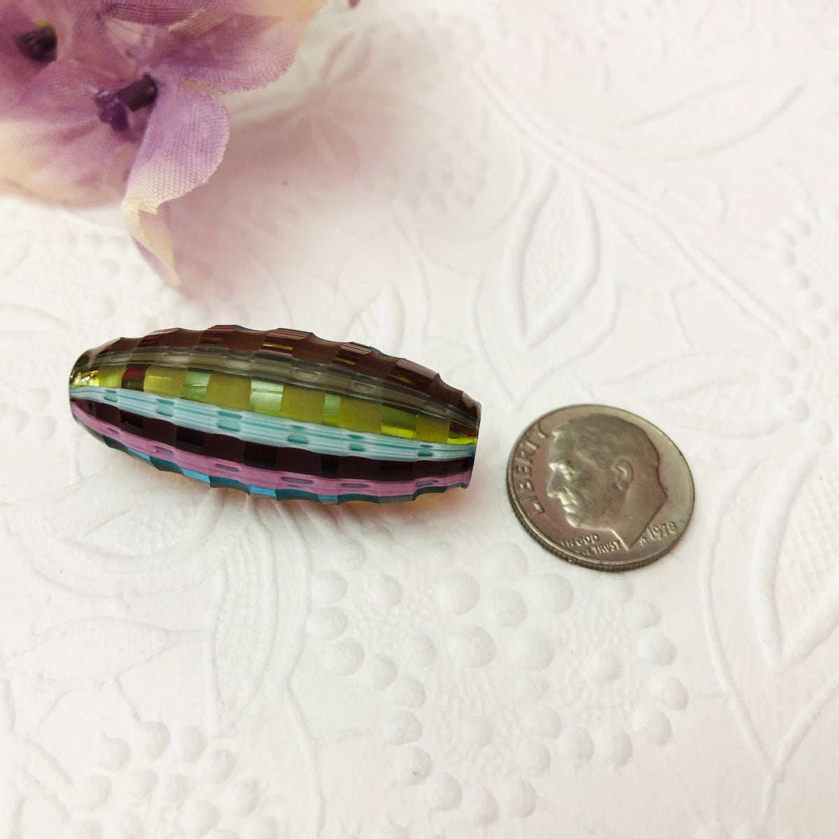 Mouth Blown Murano Sculpted Oval Glass Bead, Rainbow, 30MM