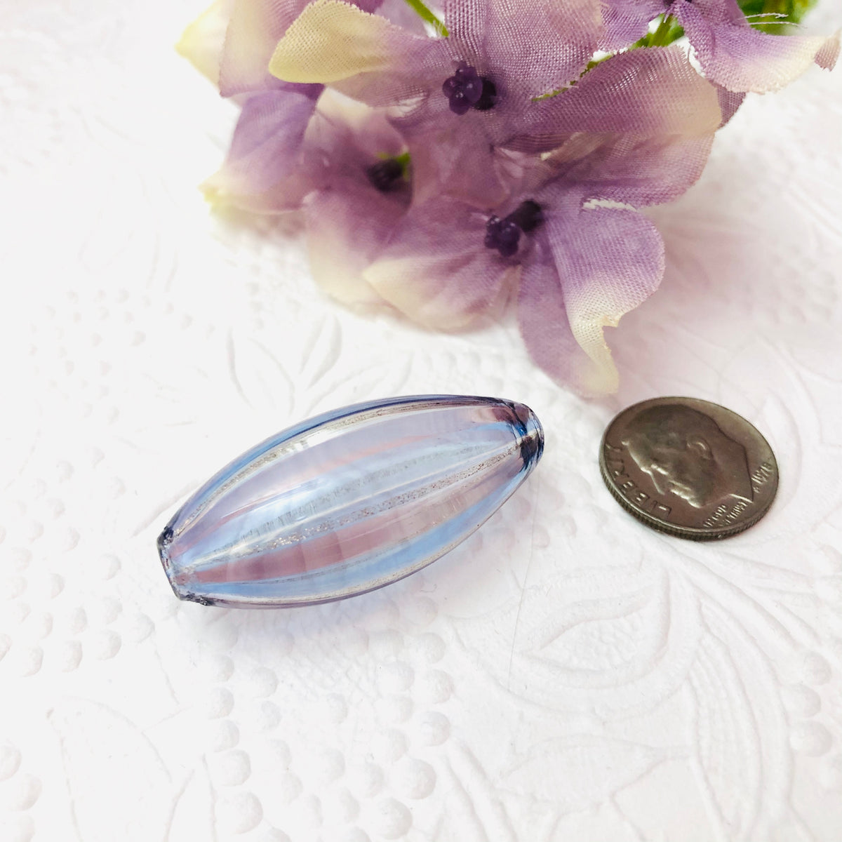 Murano Blown Light Purple and Blue Striped Oval Bead, 35MM