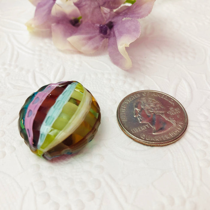 Mouth Blown Murano Sculpted Penny Glass Bead, Rainbow, 20MM