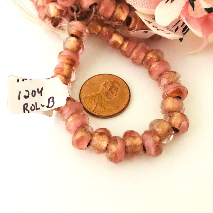 Medium Pink with Copper Lining Large Hole Roller Bead, 6MM x 9MM