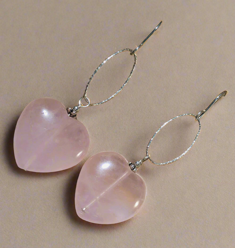 Rose Quartz Heart-Shaped Dangle Earrings in Sterling Silver