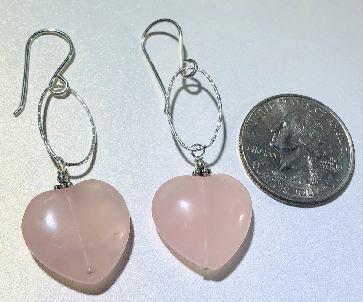 Rose Quartz Heart-Shaped Dangle Earrings in Sterling Silver