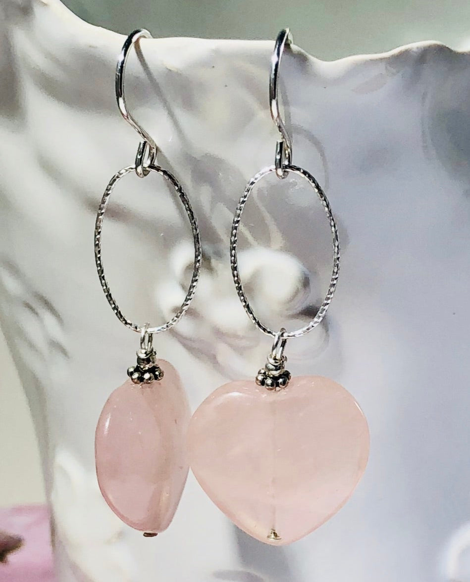 Rose Quartz Heart-Shaped Dangle Earrings in Sterling Silver