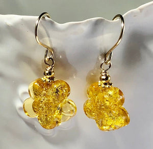 Gold Flower Murano Glass Earrings in 14K Gold Fill