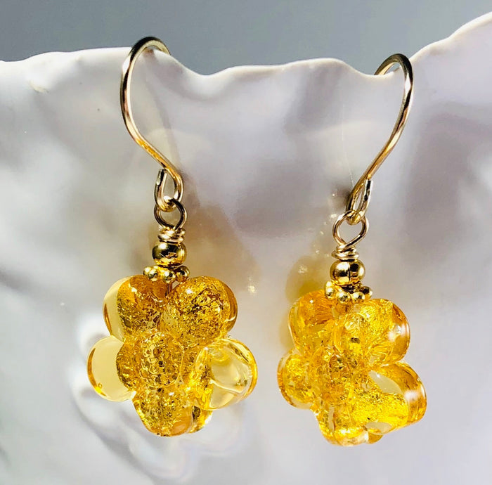 Gold Flower Murano Glass Earrings in 14K Gold Fill