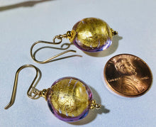 Load image into Gallery viewer, Murano Glass Gold Lavender Disc Earrings in 14K Gold Fill
