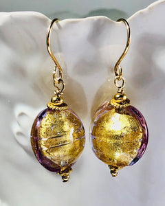 Murano Glass Gold Lavender Disc Earrings in 14K Gold Fill