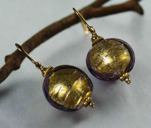 Load image into Gallery viewer, Murano Glass Gold Lavender Disc Earrings in 14K Gold Fill
