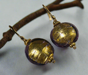 Murano Glass Gold Lavender Disc Earrings in 14K Gold Fill