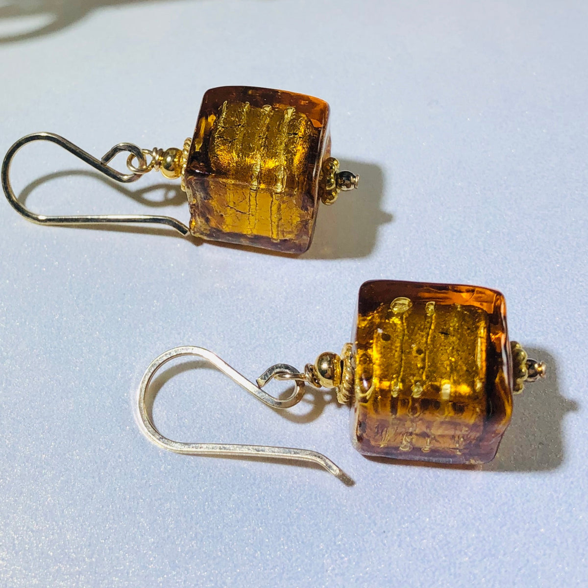 Murano Glass Large Gold Cube Earrings in 14K Gold Fill