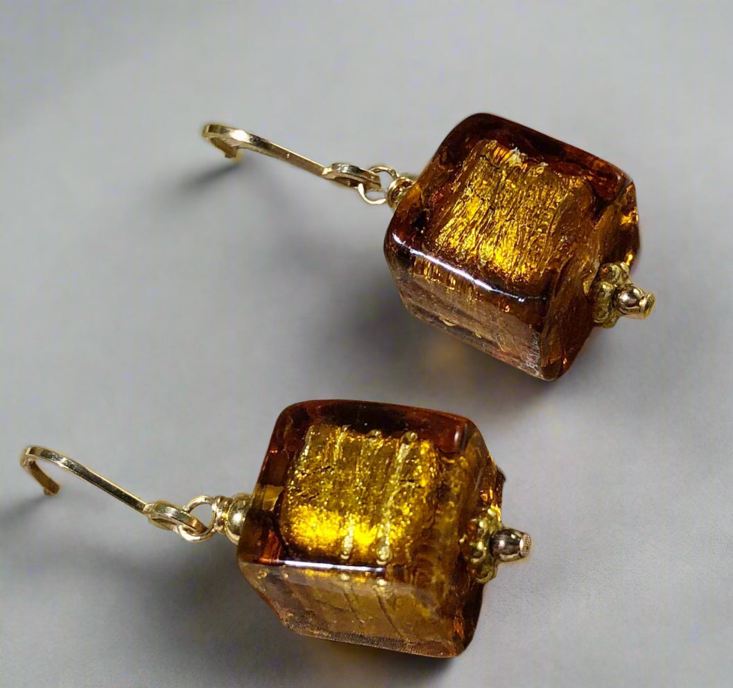 Murano Glass Large Gold Cube Earrings in 14K Gold Fill