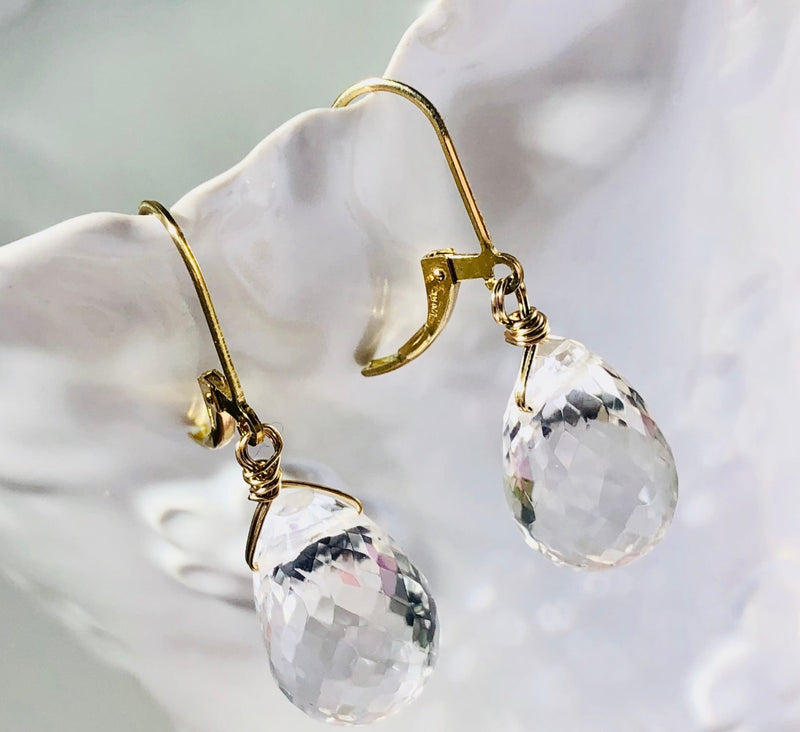 Large Crystal Quartz Briollet Earrings in Gold Fill