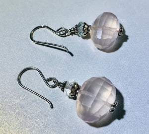 Rose Quartz and White Topaz Nugget Dangle Earrings in Sterling Silver