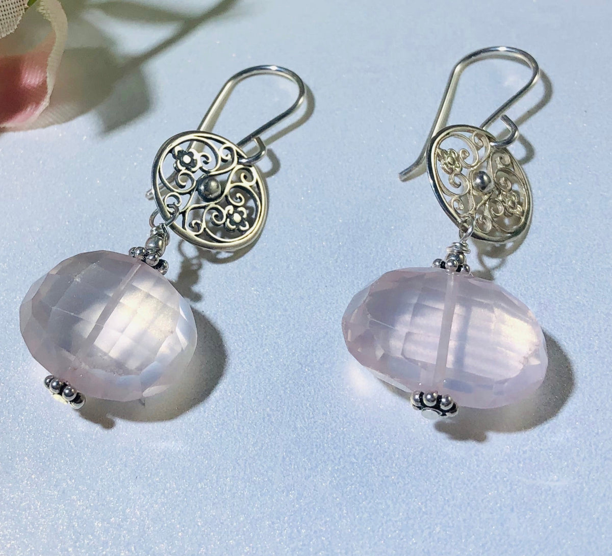 Rose Quartz Nugget Dangle Earrings in Sterling Silver