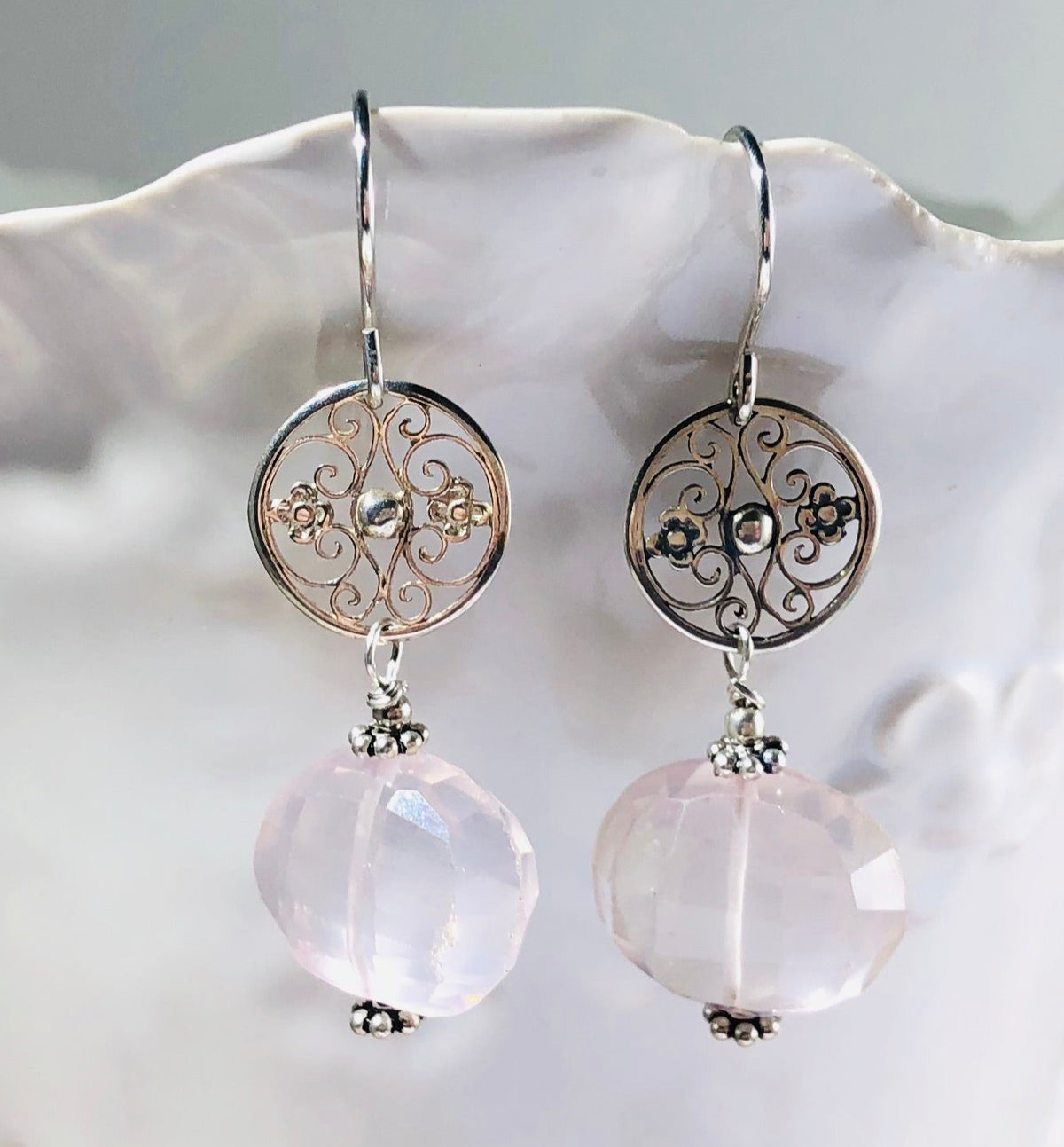 Rose Quartz Nugget Dangle Earrings in Sterling Silver