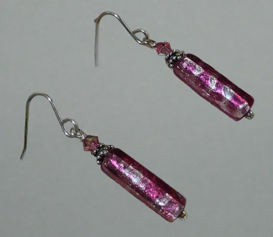 Murano  Glass Long Silver Foil and Pink Glass Earrings in Sterling Silver